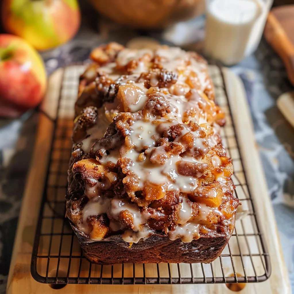 Glazed Amish apple fritter bread loaf on a wooden board.