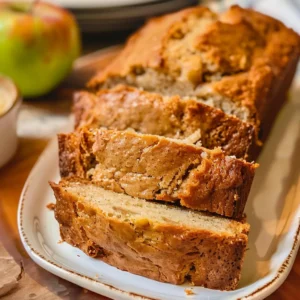 Slices of warm apple bread on a wooden board, with a knife and apples in the background.