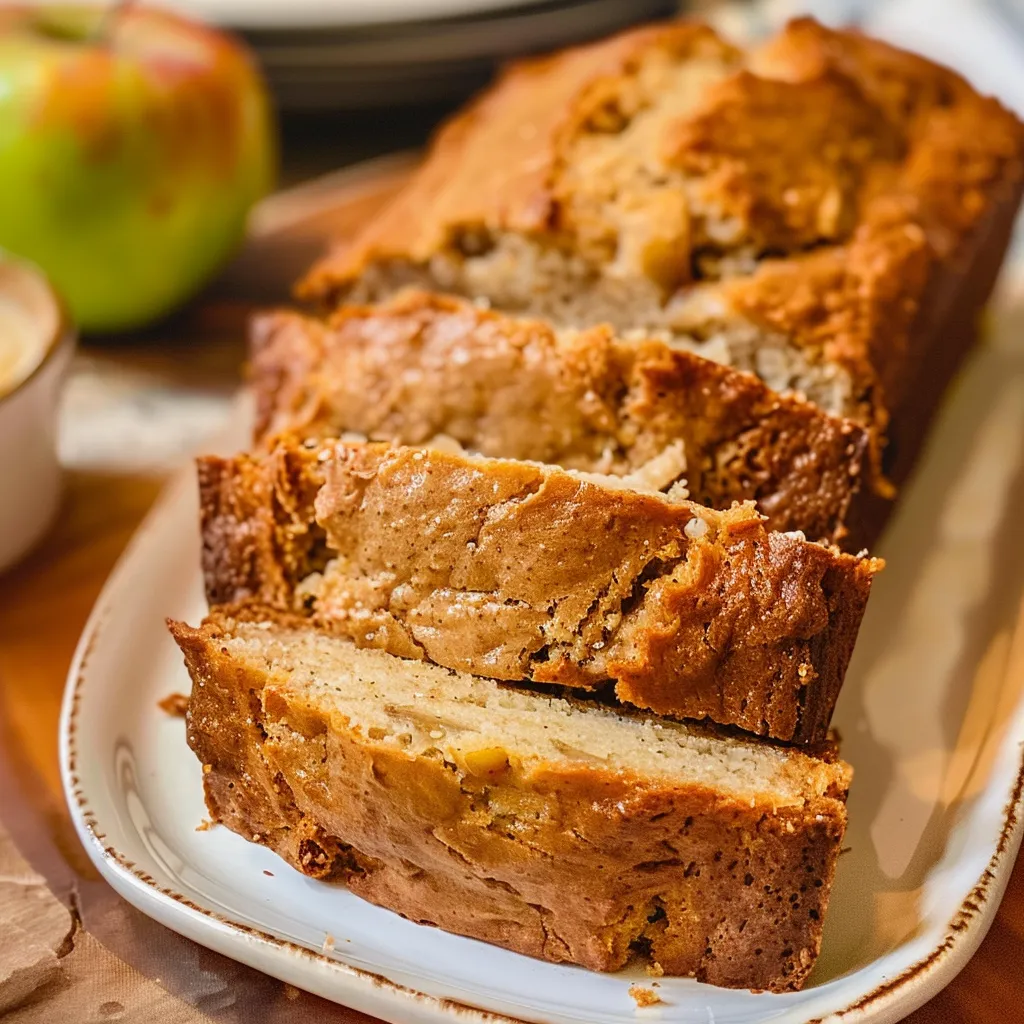 Slices of warm apple bread on a wooden board, with a knife and apples in the background.