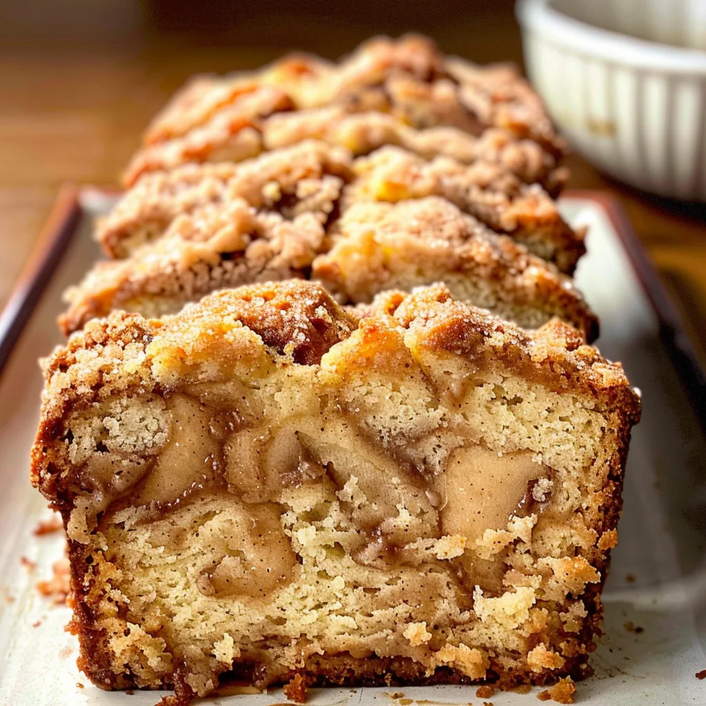 Sliced loaf of delicious cinnamon apple bread with a glaze topping.