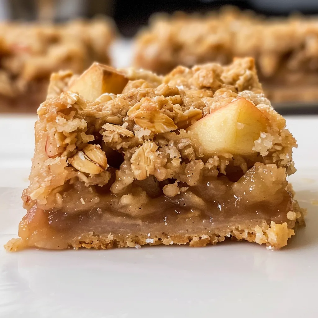 Close-up of a golden-brown apple pie oatmeal bar.