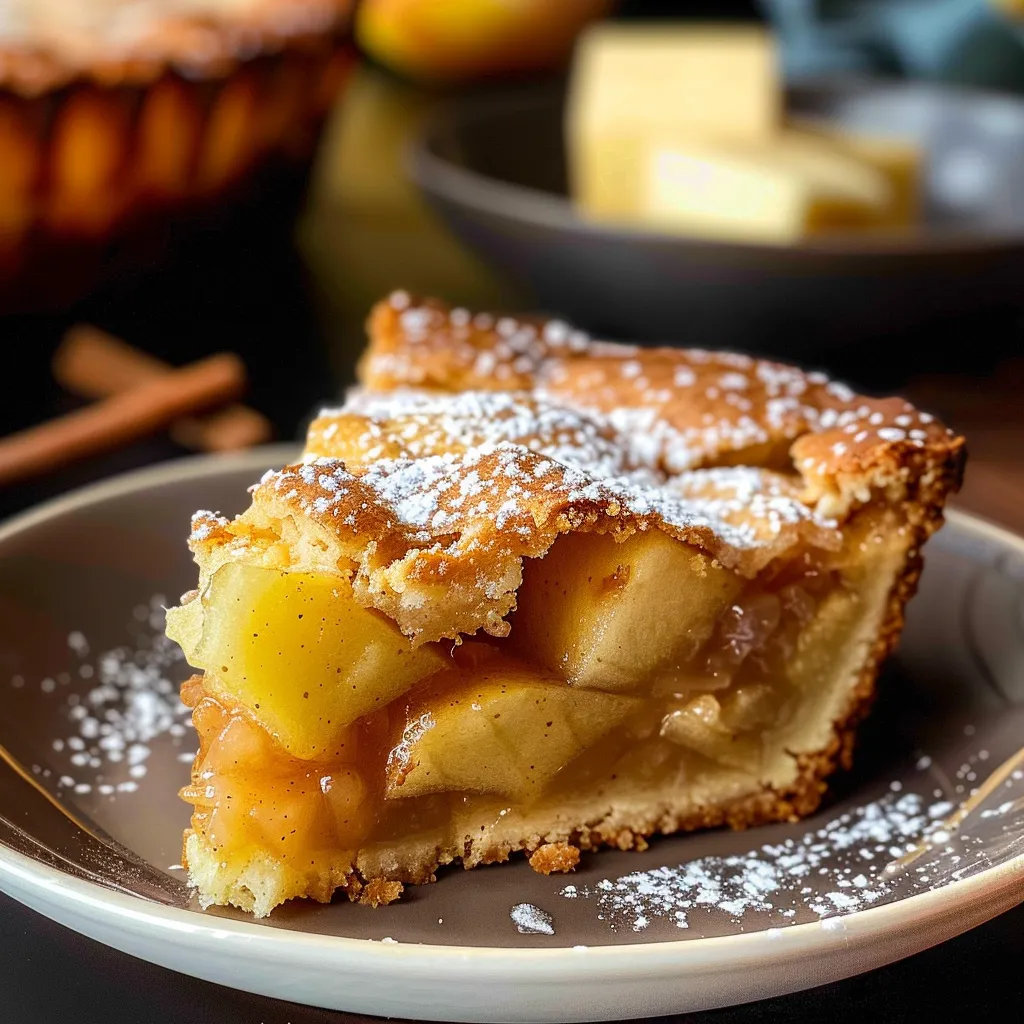 A slice of Jamie Oliver's apple pie cake, dusted with powdered sugar, sits on a dark brown plate.