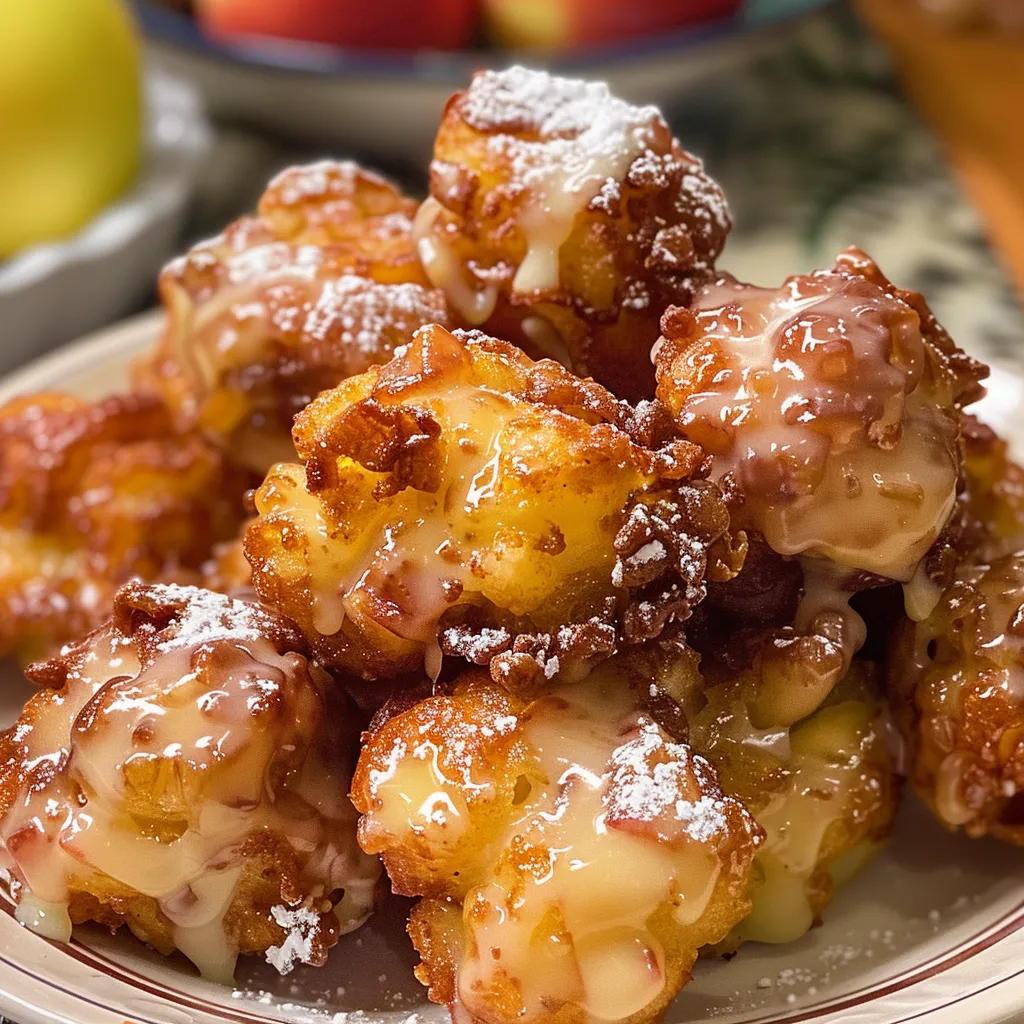 Close-up of a plate of golden-brown apple fritter bites, glistening with a sweet glaze.