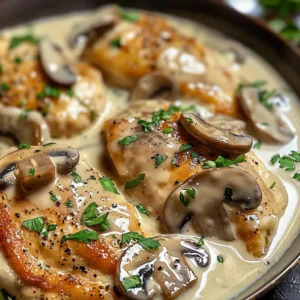 Creamy mushroom chicken in a bowl, close-up.