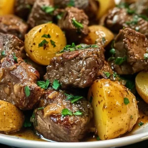 Close-up of garlic butter beef bites and roasted potatoes, garnished with parsley.