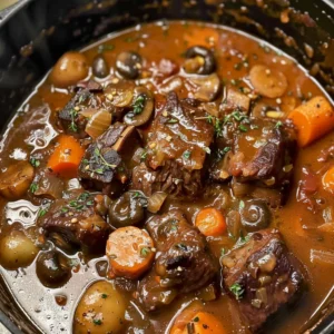 A hearty Beef Carbonnade stew in a dark blue pot, simmered with mushrooms and carrots.