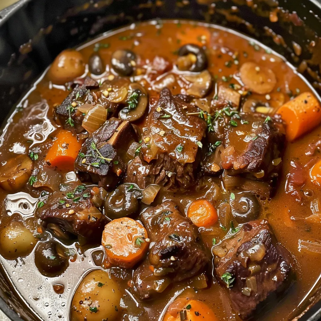 A hearty Beef Carbonnade stew in a dark blue pot, simmered with mushrooms and carrots.