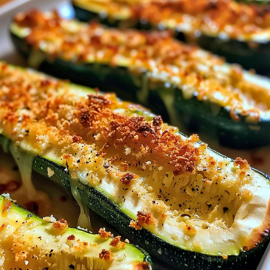Close-up of baked zucchini slices with a crispy golden brown topping.