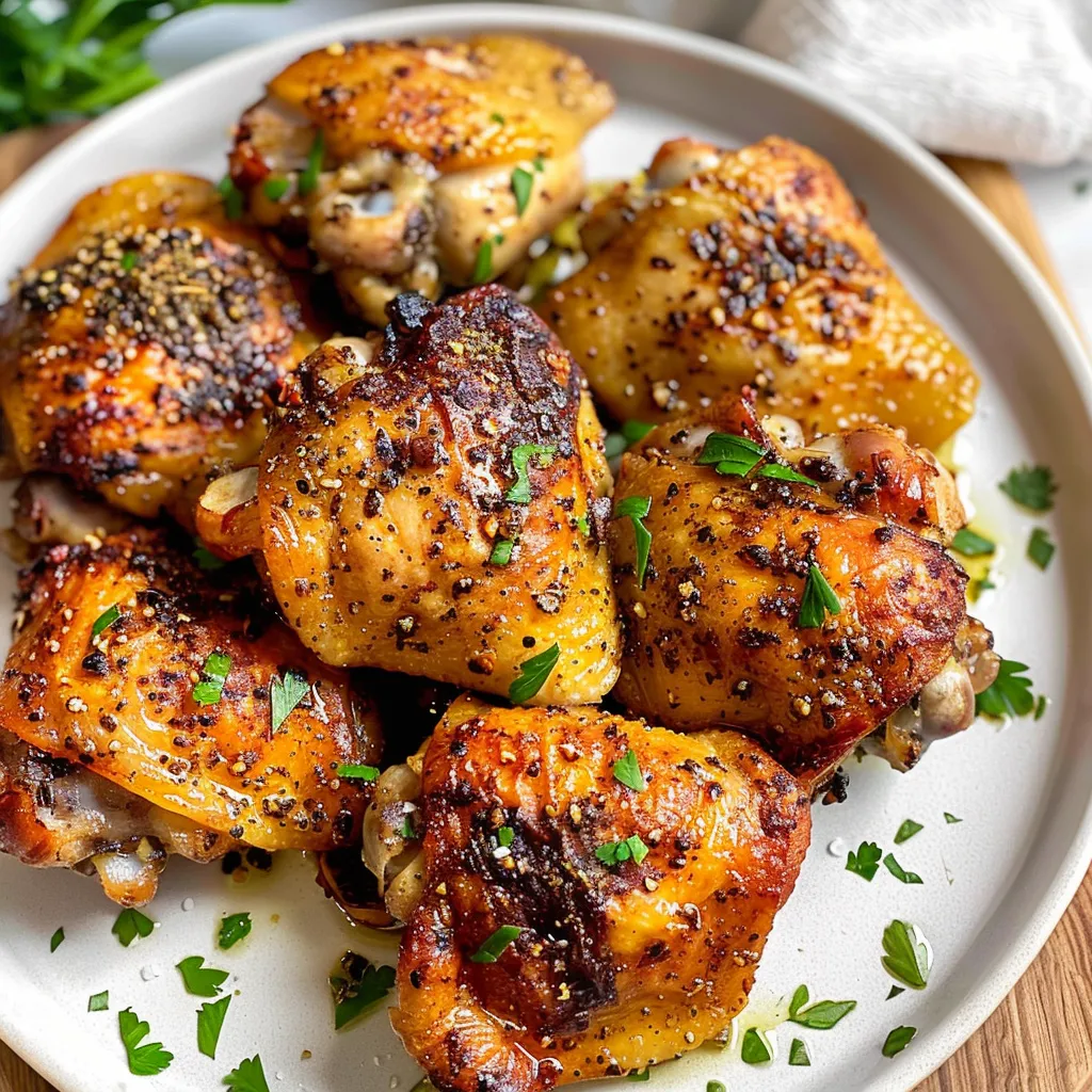 Oven-baked chicken thighs seasoned with herbs and spices, served on a plate.