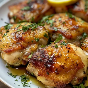 Close-up of juicy, golden-brown ranch chicken thighs on a plate with fresh herbs.