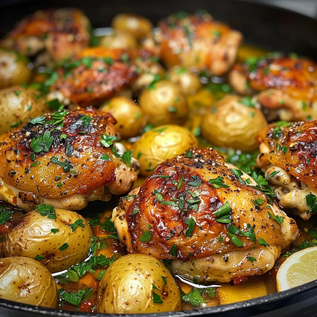 Close-up of roasted Mediterranean chicken thighs and potatoes in a skillet.