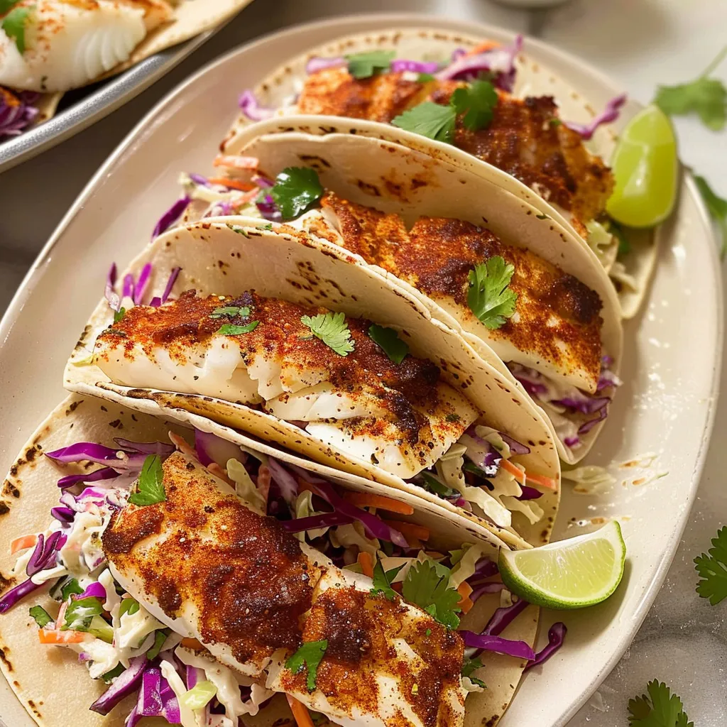 Air fryer fish tacos with cilantro lime slaw, garnished with lime wedges and cilantro.