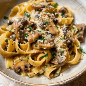 A bowl of pasta with mushrooms and parmesan cheese.