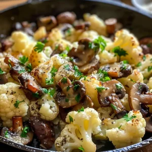 Close-up of a skillet filled with roasted cauliflower and mushrooms.