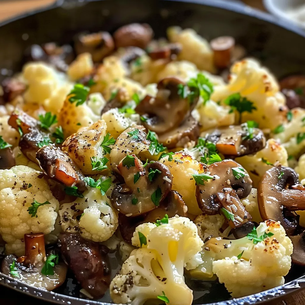 Close-up of a skillet filled with roasted cauliflower and mushrooms.