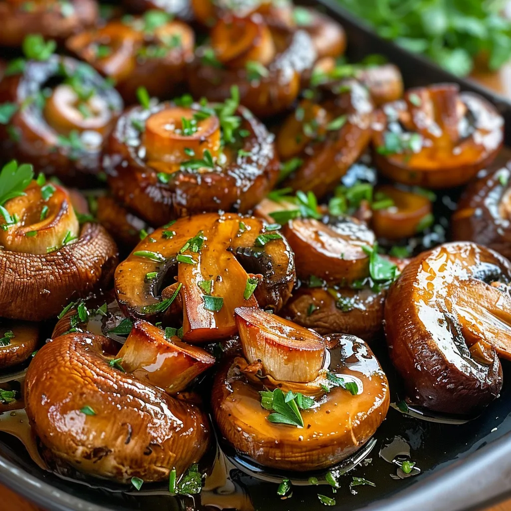 Close-up of a baking dish filled with honey garlic roasted mushrooms, glistening and topped with fresh parsley.