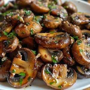 Close-up of a plate of savory garlic butter mushrooms, glistening with a rich sauce and sprinkled with sesame seeds.
