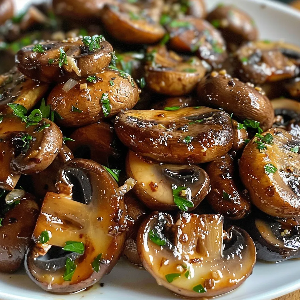 Close-up of a plate of savory garlic butter mushrooms, glistening with a rich sauce and sprinkled with sesame seeds.