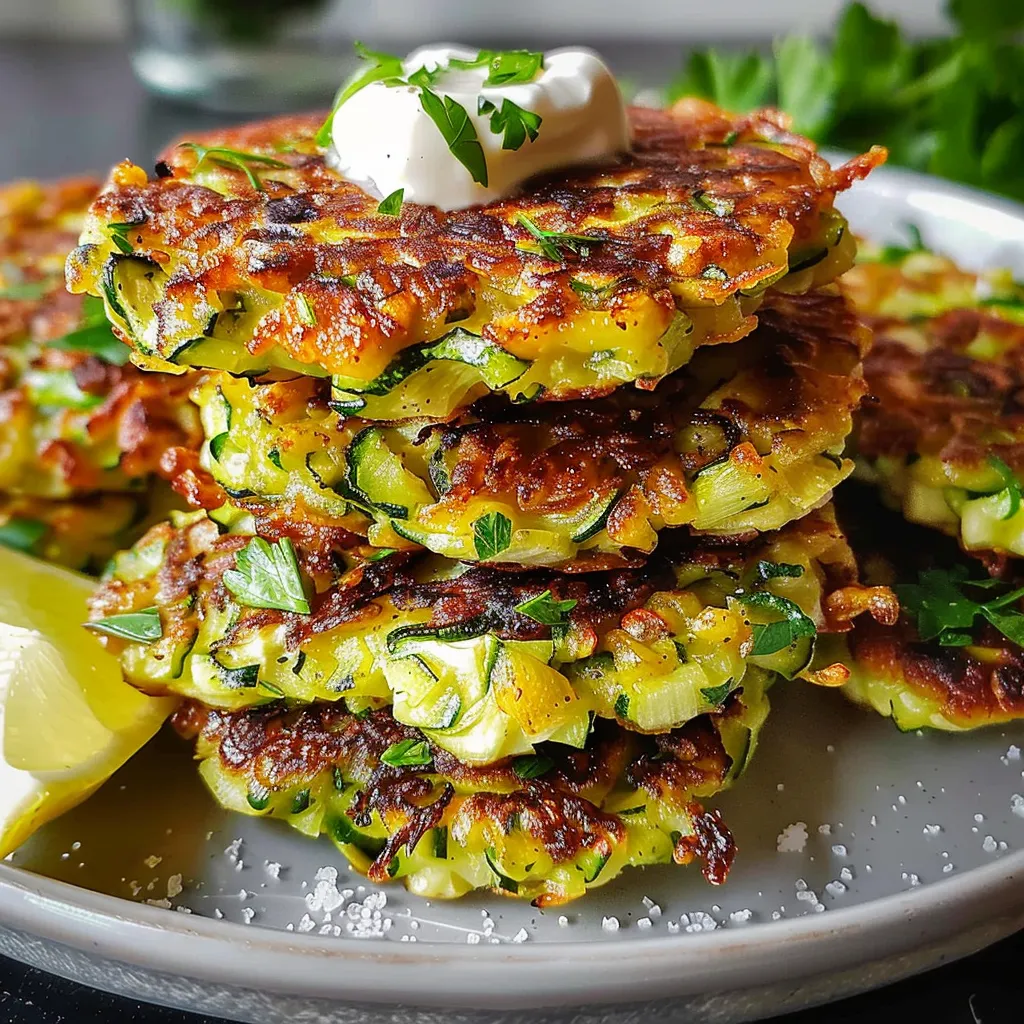 A stack of crispy zucchini fritters on a plate, with a side of dipping sauce.