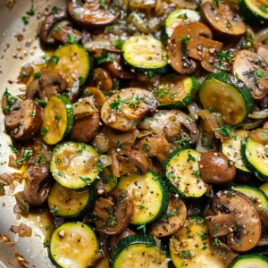 Close-up of a skillet filled with sautéed zucchini and mushrooms, seasoned with herbs.