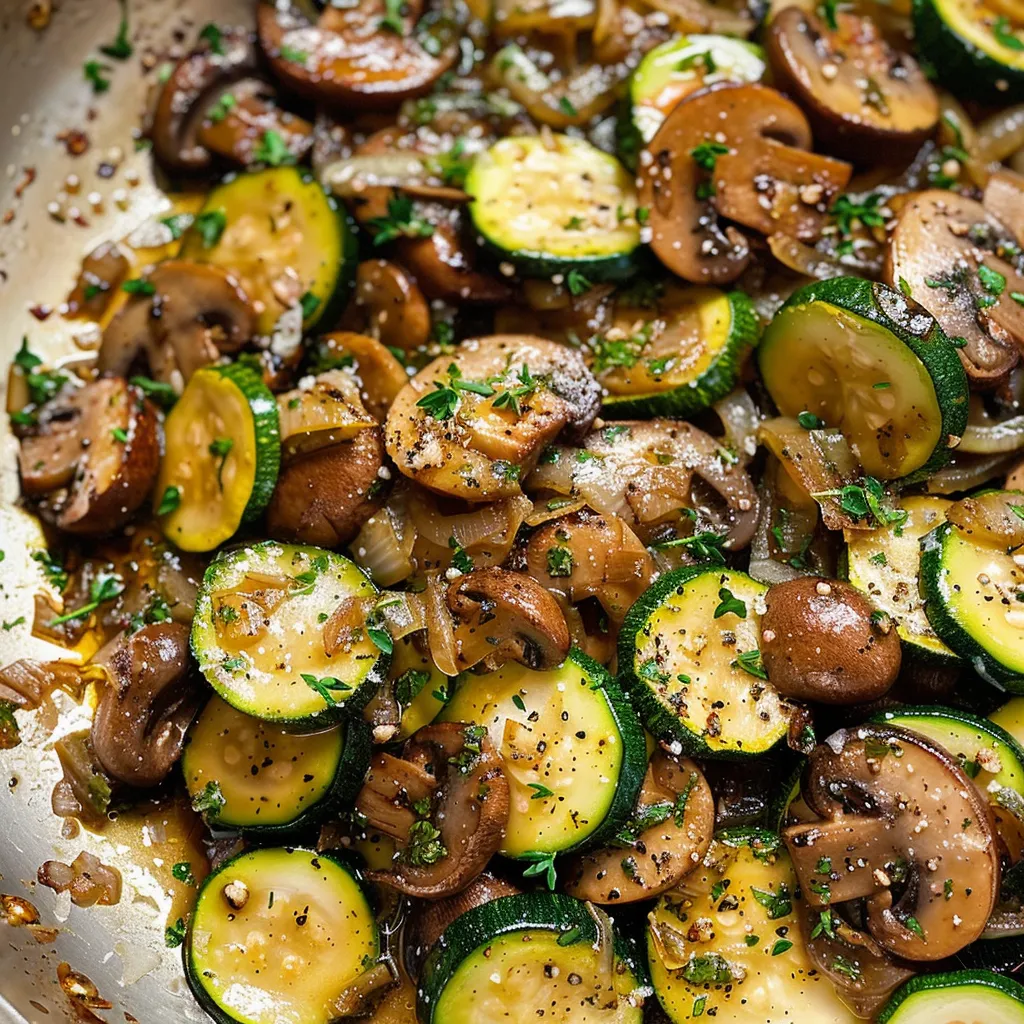 Close-up of a skillet filled with sautéed zucchini and mushrooms, seasoned with herbs.