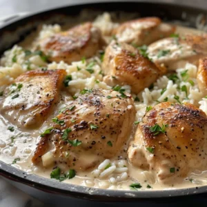 Creamy chicken and rice dish served over a bed of white rice, garnished with fresh parsley.
