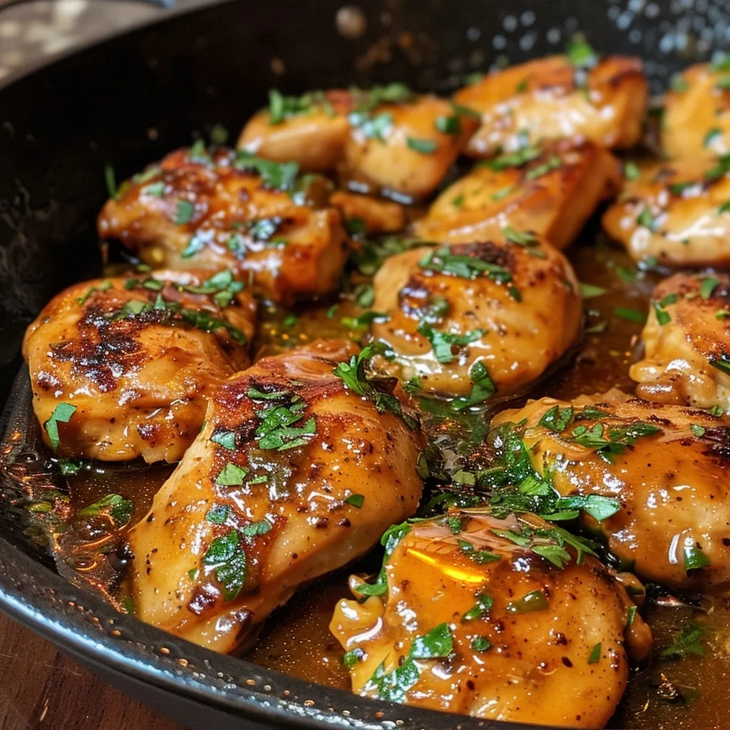 Close-up of a skillet filled with glazed chicken pieces, garnished with parsley.