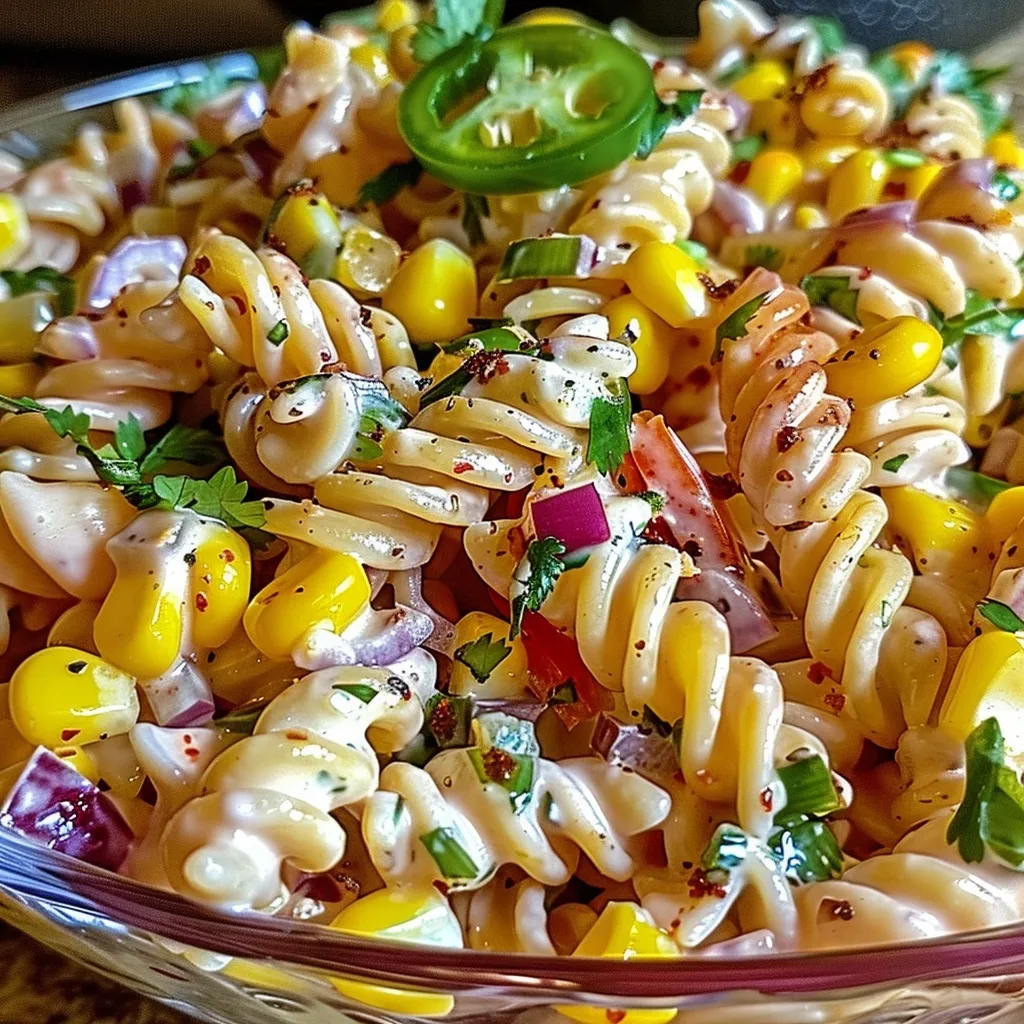 Creamy pasta salad with grilled corn, avocado, and lime.