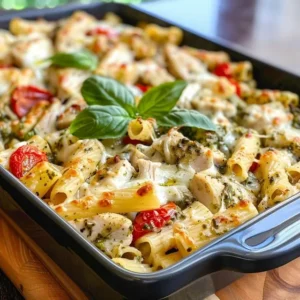 A skillet of cheesy pesto chicken pasta bake topped with fresh basil.