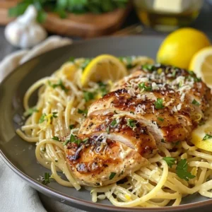Creamy lemon chicken pasta in a black skillet, garnished with parsley and parmesan cheese.