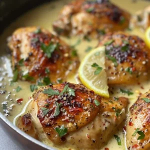 Close-up of three pan-seared chicken breasts in a creamy lemon garlic sauce, garnished with parsley.
