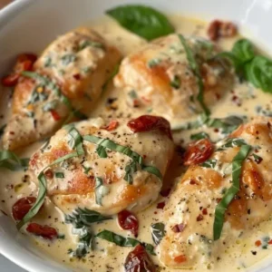 Close-up of creamy Tuscan chicken in a cast iron skillet, garnished with sun-dried tomatoes and rosemary.