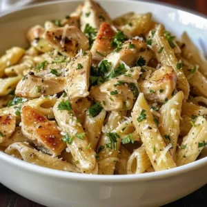 A bowl of creamy garlic parmesan chicken pasta with spinach.