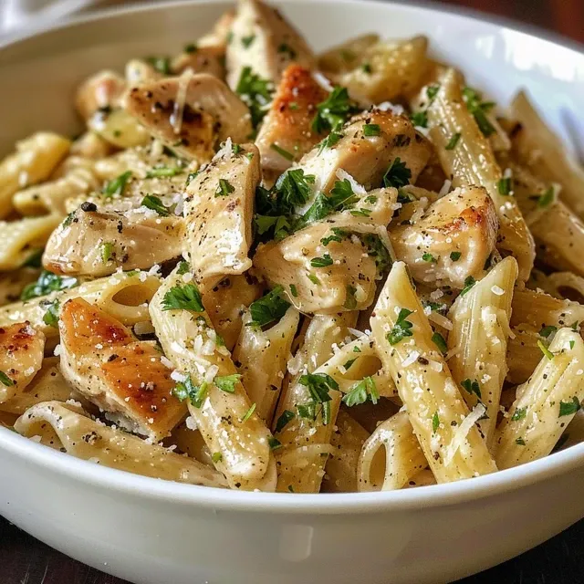 A bowl of creamy garlic parmesan chicken pasta with spinach.