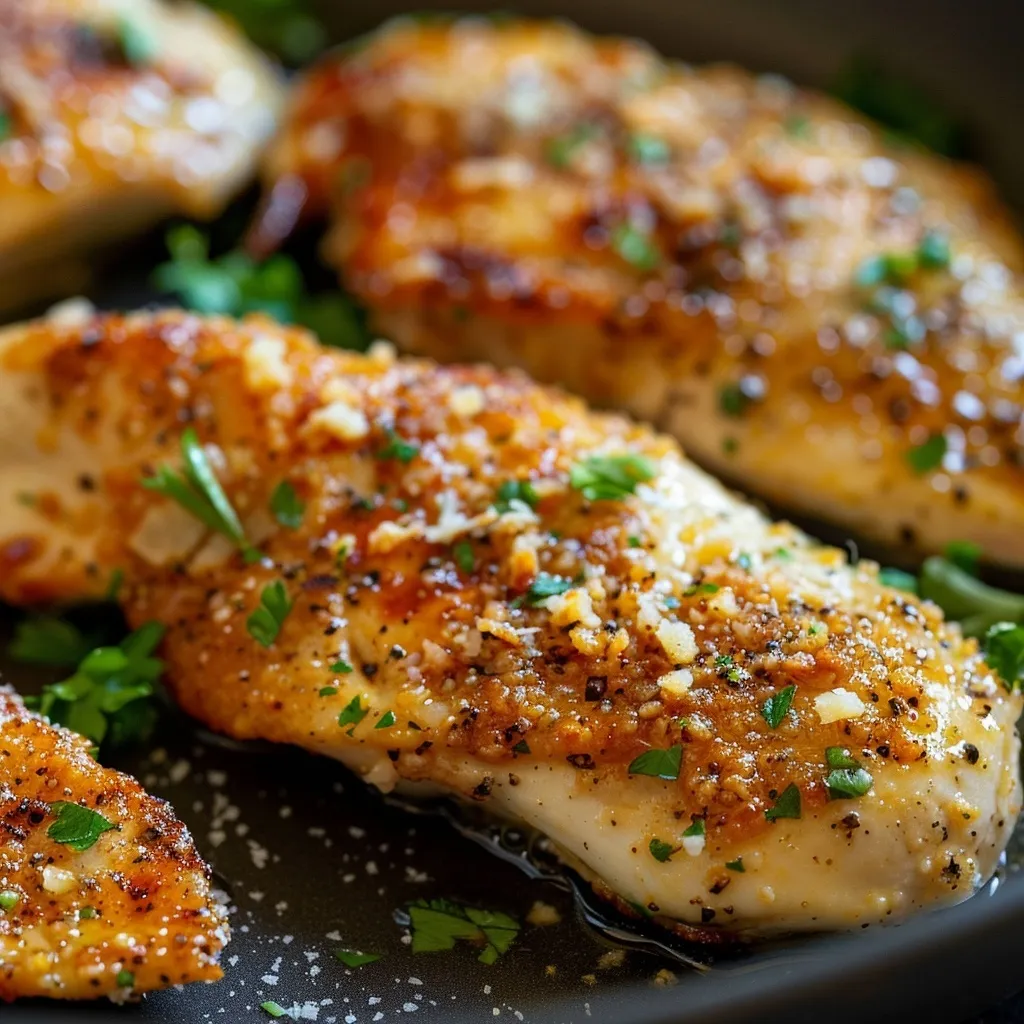 Close-up of creamy, cheesy, golden-brown baked chicken breasts.