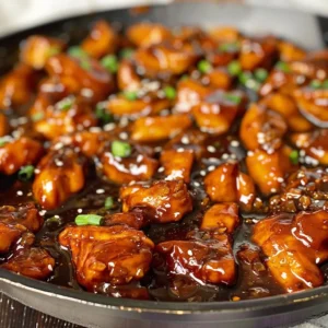 Close-up of a skillet filled with glossy, dark brown bourbon chicken, garnished with sesame seeds and green onions.