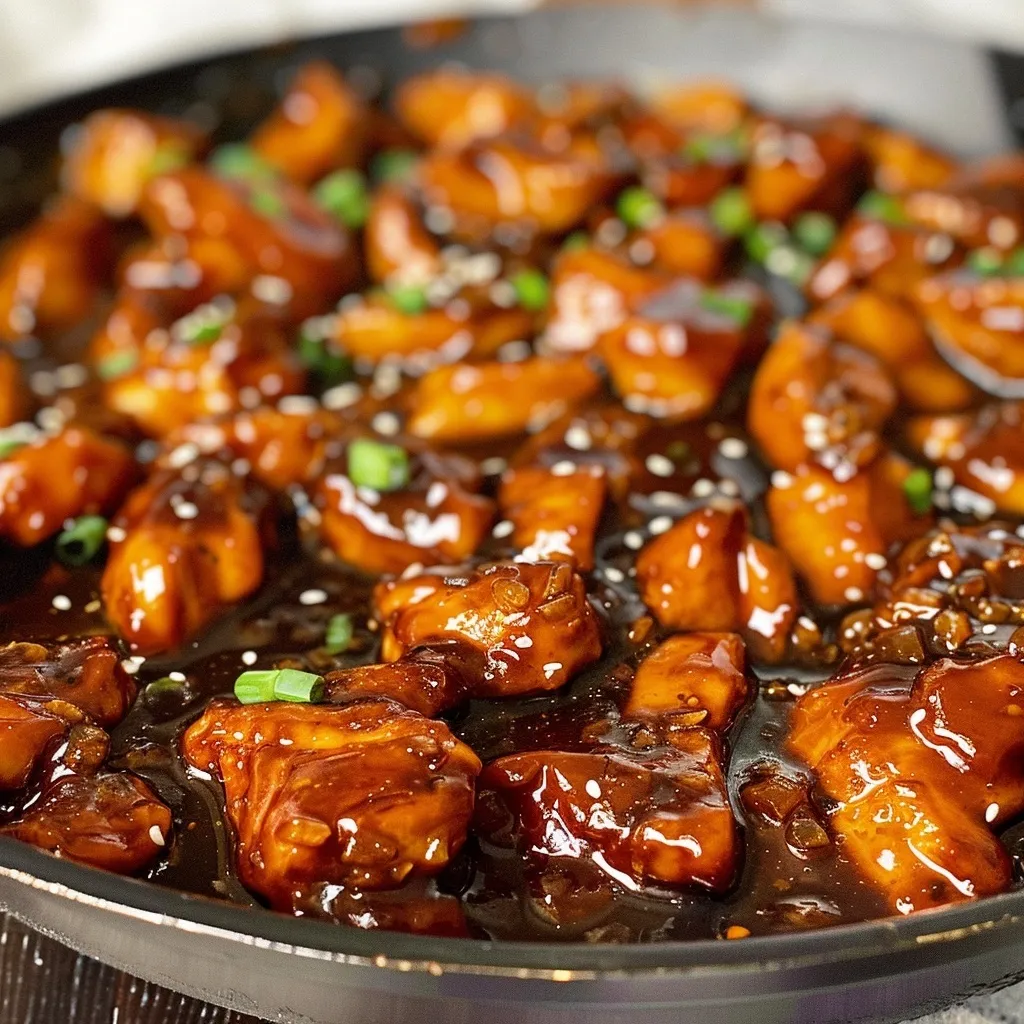Close-up of a skillet filled with glossy, dark brown bourbon chicken, garnished with sesame seeds and green onions.