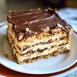 A slice of no-bake eclair cake with a rich chocolate topping and creamy vanilla filling is shown on a plate.