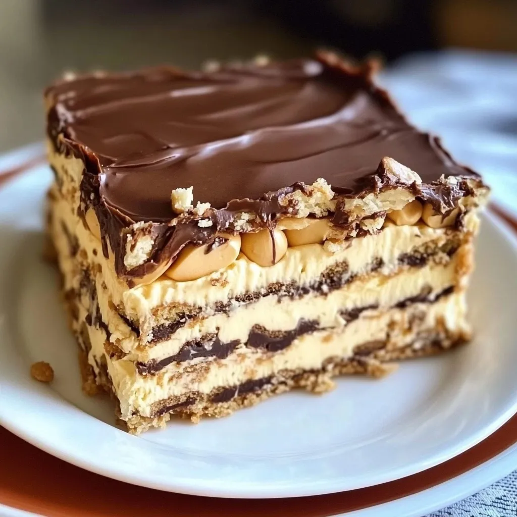 A slice of no-bake eclair cake with a rich chocolate topping and creamy vanilla filling is shown on a plate.
