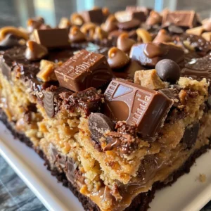 Close-up of a decadent Peanut Butter Cup Dump Cake, layered with peanut butter, chocolate, and a rich chocolate ganache.
