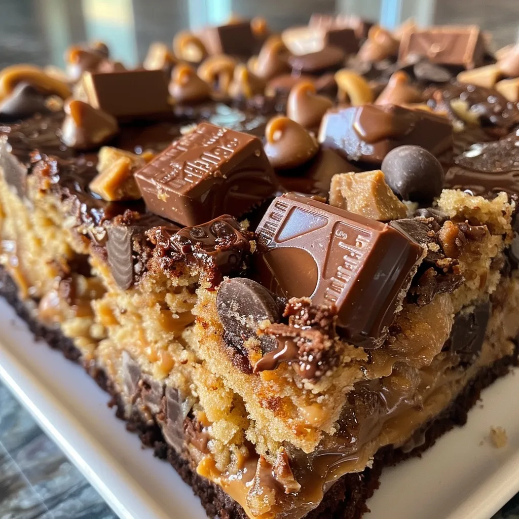 Close-up of a decadent Peanut Butter Cup Dump Cake, layered with peanut butter, chocolate, and a rich chocolate ganache.