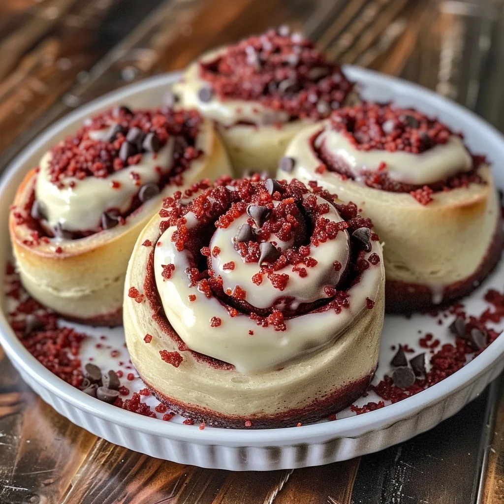 Close-up of several red velvet cinnamon rolls topped with cream cheese frosting and a sprinkle of sea salt.