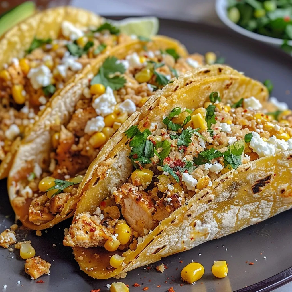 Three delicious Mexican street corn chicken tacos topped with avocado, cilantro, cotija cheese, and a creamy sauce.