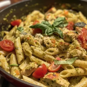 Creamy pesto chicken pasta in a pot, a fork lifts a portion of the dish.