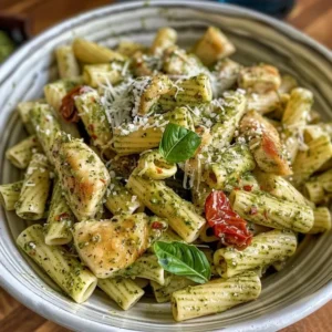 Delicious chicken pesto pasta in a white pot, garnished with basil and parmesan cheese.