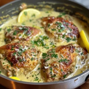 Lemon garlic butter chicken served over creamy parmesan linguine.