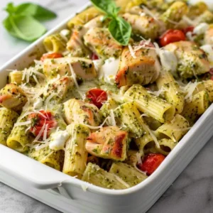 Baked creamy pesto chicken pasta in a white casserole dish.