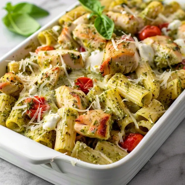 Baked creamy pesto chicken pasta in a white casserole dish.