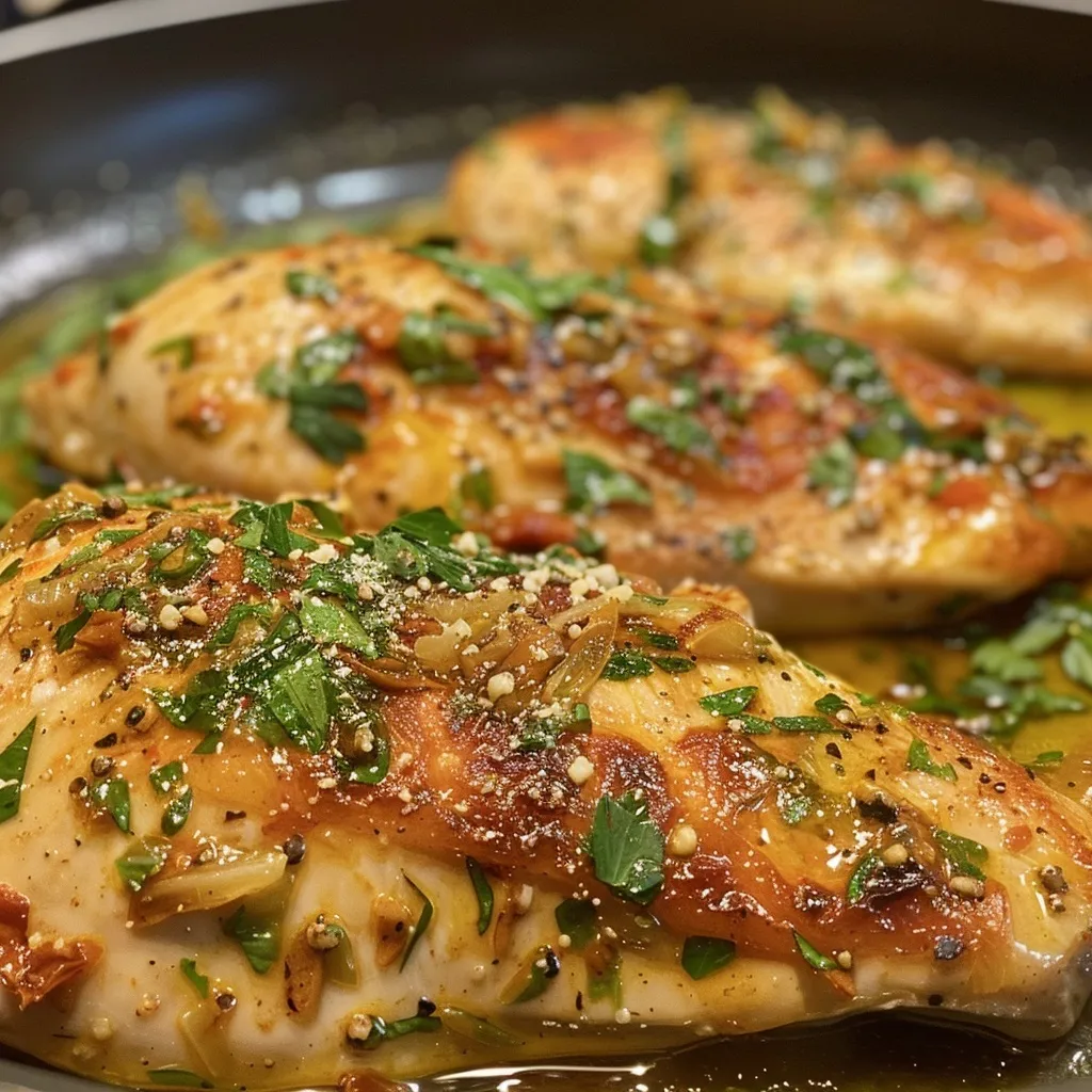 Four juicy chicken thighs simmering in a creamy, herb-infused sauce.