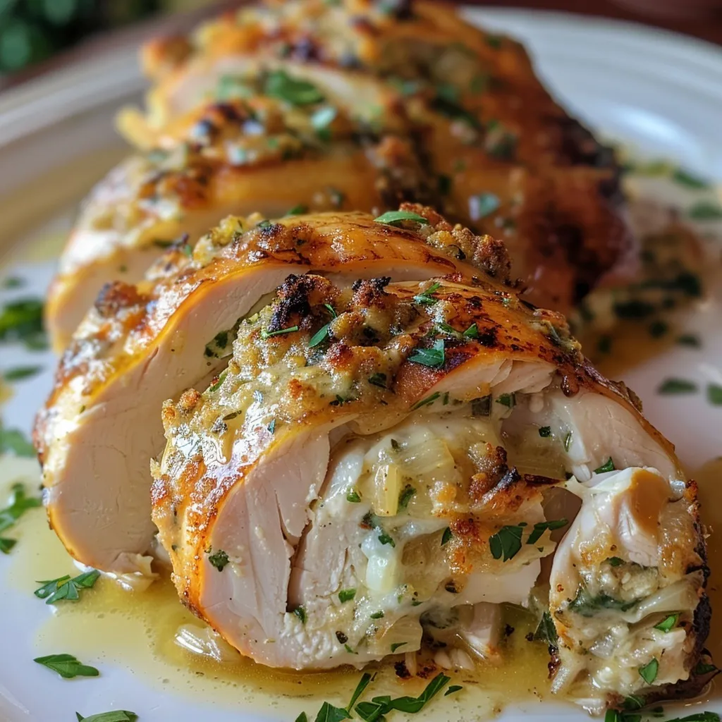 A plated dish of grilled, stuffed chicken breast, mashed potatoes, and asparagus.